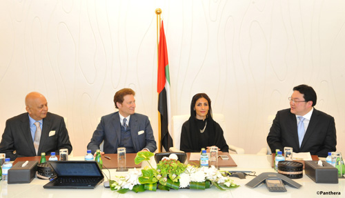 Mr. Hemendra Kothari, Dr. Thomas Kaplan, Her Excellency Razan Khalifa Al Mubarak, and Mr. Jho Low (left to right): announce a new global alliance in Abu Dhabi committing $80 million to conserve the world's wild cats and their ecosystems. Photograph courtesy of Panthera.